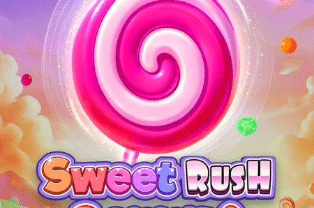 Sweet Rush Bonanza slot game banner featuring a pink lollipop symbol and colorful candy background.